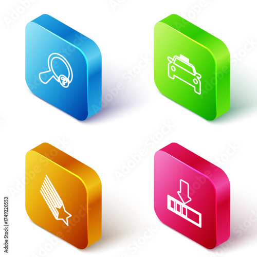 Set Isometric line Unknown search, Taxi car, Falling star and Loading icon. Vector