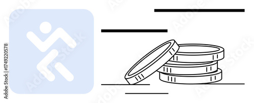 Stacked coins representing money or investment next to a dynamic human abstract figure. Ideal for finance, business, banking, wealth growth, investment planning, economy, and savings. Simple flat