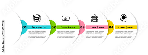 Set line Refund money, Folder upload, Car sharing and Head hunting concept. Business infographic template. Vector