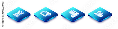 Set Isometric line Old hourglass with sand, Tv setting, Air conditioner and Bank building icon. Vector