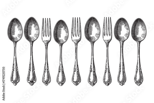 Cutlery Set, an Ornamental Collection of Vintage Forks and Spoons engraving vector illustration