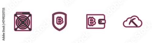 Set line ASIC Miner, Cryptocurrency wallet, Shield with bitcoin and cloud mining icon. Vector
