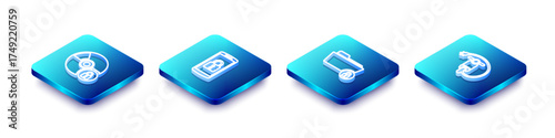 Set Isometric line CD or DVD disk with lock, Smartphone, Folder and and Electric scooter icon. Vector