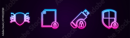 Set line Cyber security, Document and lock, USB flash drive with and Shield. Glowing neon icon. Vector