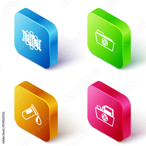 Set Isometric line Genetic engineering, Health record folder, Test tube with drop of blood and icon. Vector