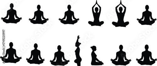 Silhouettes of people practicing yoga and meditation poses, mindfulness exercise, relaxation, body balance, mental peace, spiritual calm, and wellness