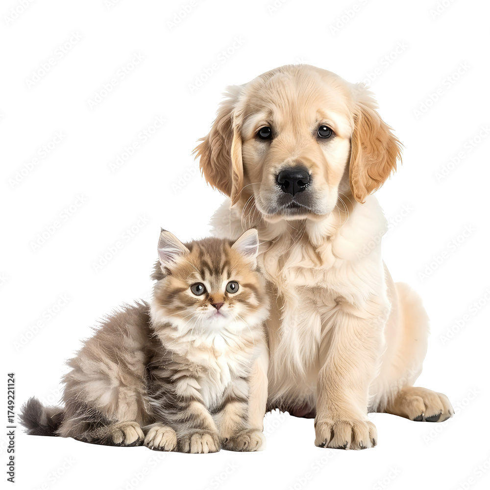Fototapeta premium Golden Retriever puppy and kitten sitting together, looking forward