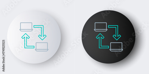 Line Online working icon isolated on grey background. Freelancer man working on laptop at his house. Remote work. Distant job concept. Colorful outline concept. Vector