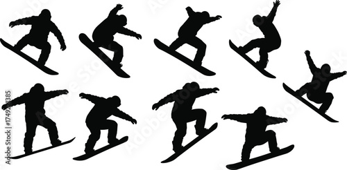 Silhouettes of snowboarders jumping, performing tricks, winter extreme sports athletes, freestyle snowboarding action, outdoor mountain snowboarding adventure scene, sport concept