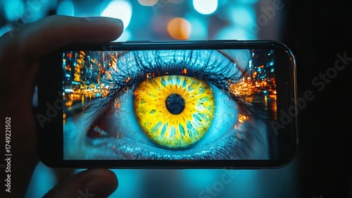 Cityscape Reflection in a Colorful Human Eye on a Smartphone Screen.