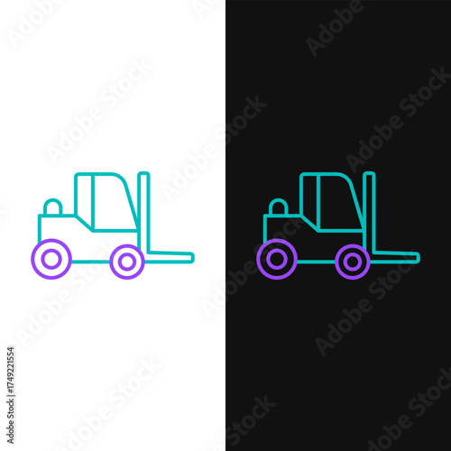Line Forklift truck icon isolated on white and black background. Fork loader and cardboard box. Cargo delivery, shipping, transportation. Colorful outline concept. Vector