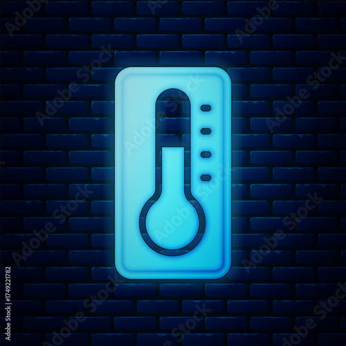 Glowing neon Medical thermometer for medical examination icon isolated on brick wall background. Vector