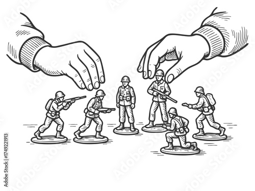 hands manipulating toy soldiers, symbolizing control, war strategy, and the manipulation of conflict sketch engraving generative ai vector illustration. Scratch board imitation. Black and white image.