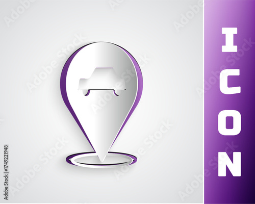 Paper cut Location with car service icon isolated on grey background. Auto mechanic service. Repair service auto mechanic. Paper art style. Vector
