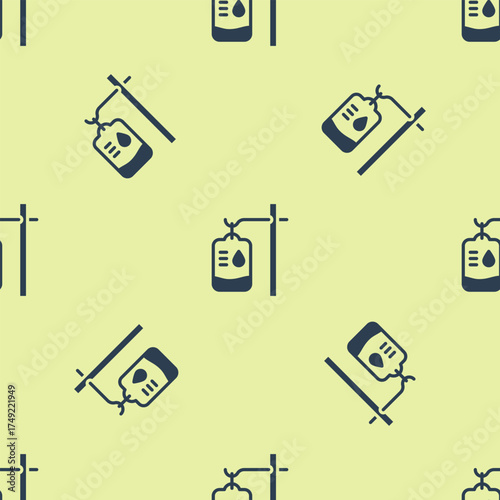 Blue IV bag icon isolated seamless pattern on yellow background. Blood bag. Donate blood concept. The concept of treatment and therapy, chemotherapy. Vector