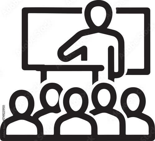 Vector art of a coaching center illustration depicts a speaker addressing an audience, the scene conveys learning, guidance, and knowledge sharing in a simple design on