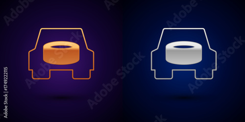 Gold and silver Spare wheel in the car icon isolated on black background. Process of replacing the wheel. Storage location of the spare wheel in the trunk. Vector