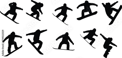 Silhouettes of snowboarders performing jumps, extreme winter sports action, freestyle snowboarding tricks, outdoor adventure activity, mountain snowboarding movement art