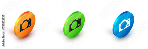 Isometric Photo camera icon isolated on white background. Foto camera. Digital photography. Circle button. Vector