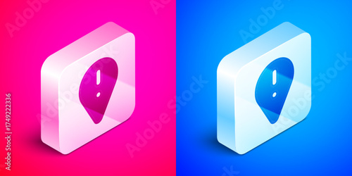 Isometric Map pointer with exclamation mark icon isolated on pink and blue background. Hazard warning sign, careful, attention, danger warning important sign. Silver square button. Vector