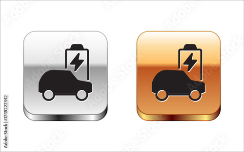 Black Electric car and electrical cable plug charging icon isolated on white background. Renewable eco technologies. Silver and gold square buttons. Vector