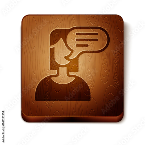 Brown Female opinion icon isolated on white background. Wooden square button. Vector