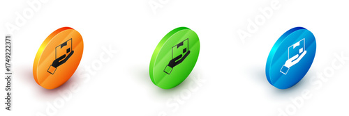 Isometric Delivery hand with cardboard boxes icon isolated on white background. Door to door delivery by courier. Circle button. Vector