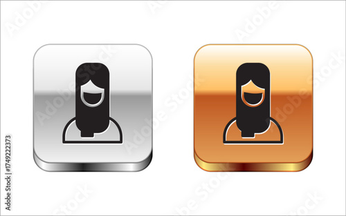 Black Muslim woman in hijab icon isolated on white background. Silver and gold square buttons. Vector