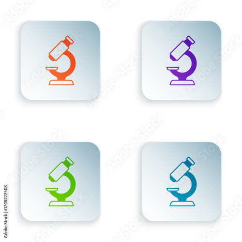 Color Microscope icon isolated on white background. Chemistry, pharmaceutical instrument, microbiology magnifying tool. Set colorful icons in square buttons. Vector