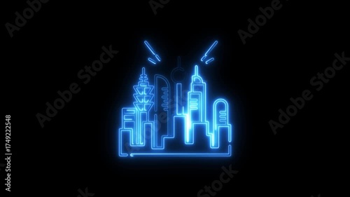 Futuristic neon blue city skyline silhouette glowing animation abstract background modern