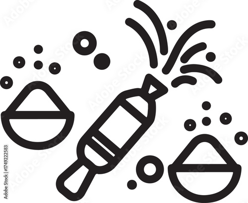 Vector art of a festive image of a party popper exploding with confetti, surrounded by bowls of holi powder, this represents celebration, color, and joy on