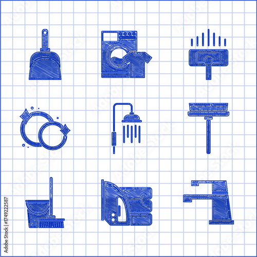 Set Shower head with water drops flowing, Electric iron and towel, Water tap, Squeegee, scraper, wiper, Mop bucket, Washing dishes, Vacuum cleaner and Dustpan icon. Vector