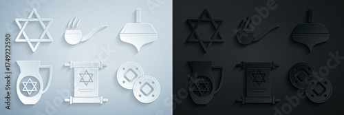 Set Torah scroll, Hanukkah dreidel, Decanter with star of david, Jewish coin, Smoking pipe smoke and Star David icon. Vector
