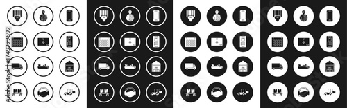 Set Mobile phone with app delivery tracking, Cardboard box traffic symbol, Calendar, Scanner scanning bar code, , Warehouse and Delivery cargo truck vehicle icon. Vector
