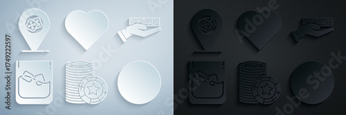 Set Casino chips, Hand holding deck of playing cards, Glass whiskey ice cubes, roulette wheel, Playing with heart symbol and location icon. Vector