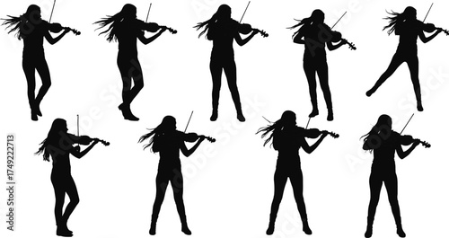 Silhouettes of women playing violin, energetic violinists in motion, isolated on white background, music performance, classical instrument art