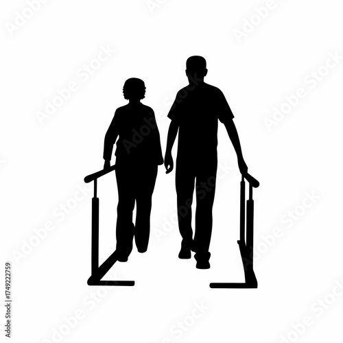 Silhouette of therapist observing patient progress during parallel bar walk isolated on white background
