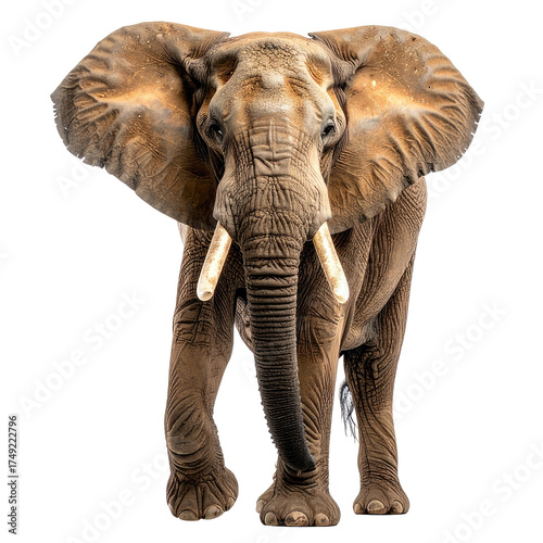 Front view of a majestic, brown elephant with large ears and tusks, isolated