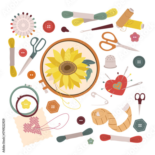 Colorful Embroidery Tools and Sunflower Design Illustration