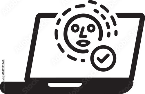 Vector art of a laptop displaying a face recognition icon with a checkmark, illustrating biometric authentication, security, and modern technology for secure access and verification on