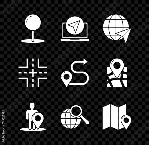 Set Push pin, Infographic of city map navigation, Location the globe, Map marker with silhouette person, Magnifying glass, Folded location, Road traffic sign and Route icon. Vector