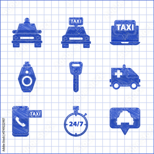 Set Car key, Stopwatch 24 hours, Map pointer with taxi, Ambulance and emergency car, Taxi call telephone service, remote, Laptop and icon. Vector