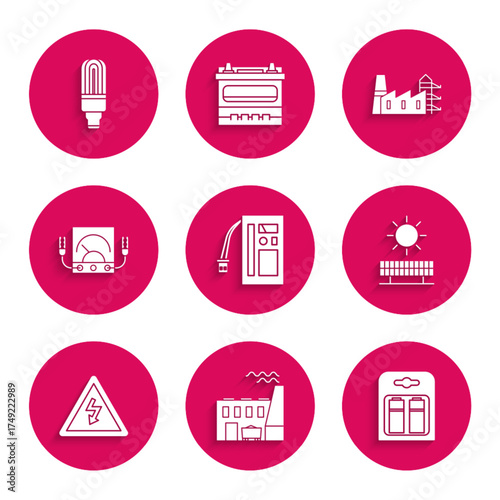 Set Battery, Coal power plant and factory, in pack, Solar energy panel sun, High voltage sign, Ampere meter, multimeter, voltmeter, Power station and LED light bulb icon. Vector
