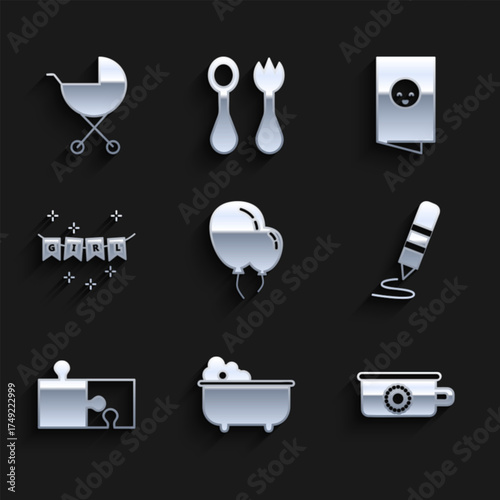 Set Balloons with ribbon, Baby bathtub, potty, Wax crayon for drawing, Piece of puzzle, Carnival garland flags, shower invitations card, poster and stroller icon. Vector