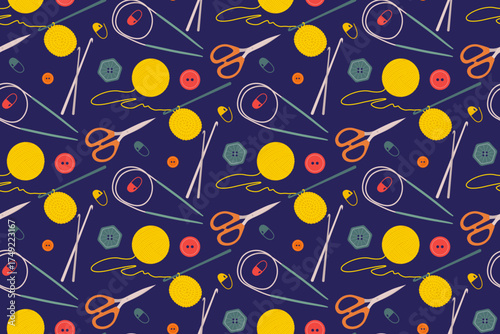Colorful Sewing and Knitting Tools Vector Pattern