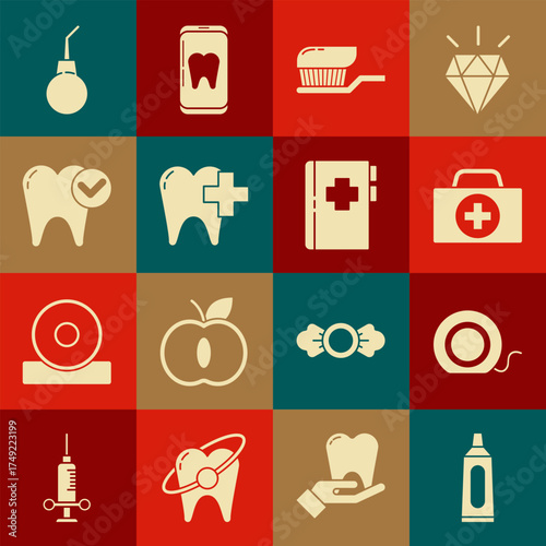 Set Tube of toothpaste, Dental floss, First aid kit, Toothbrush with, clinic for dental care, whitening concept, Enema pear and Clipboard card icon. Vector