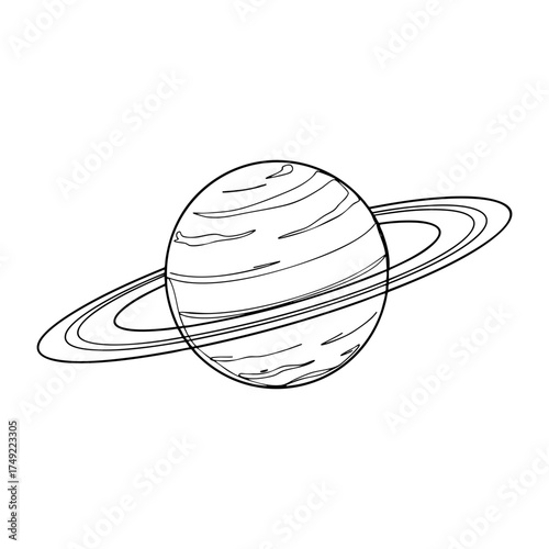 Vector line art of planet Saturn with detailed ring structure and soft curved surface lines, elegant minimalist space illustration for astronomy or science themes.