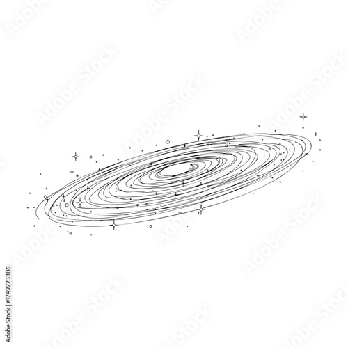 Spiral galaxy vector line art with swirling stars and cosmic dust, elegant minimalist representation of outer space and universe