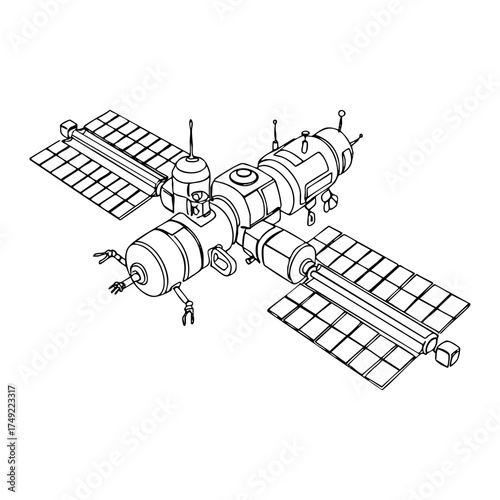 Vector line art of an advanced modular space station with antennas, robotic arms and solar arrays, detailed technical drawing ideal for aerospace or scientific designs.