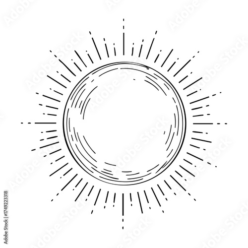 Sun with radiant beams vector line art, minimalist celestial symbol representing warmth, energy, and cosmic light